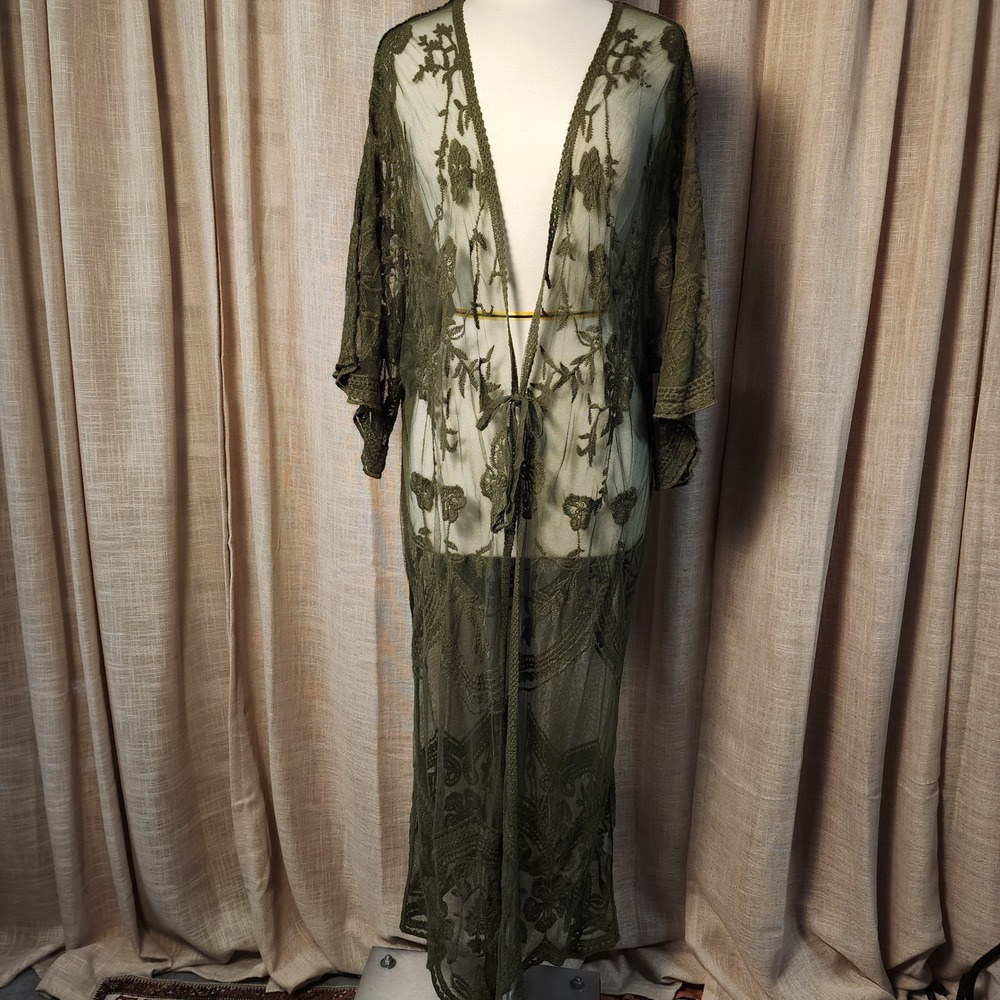 Unbranded Sheer Mesh Floral Embroidered Maxi Duster Kimono One Size Olive Green
